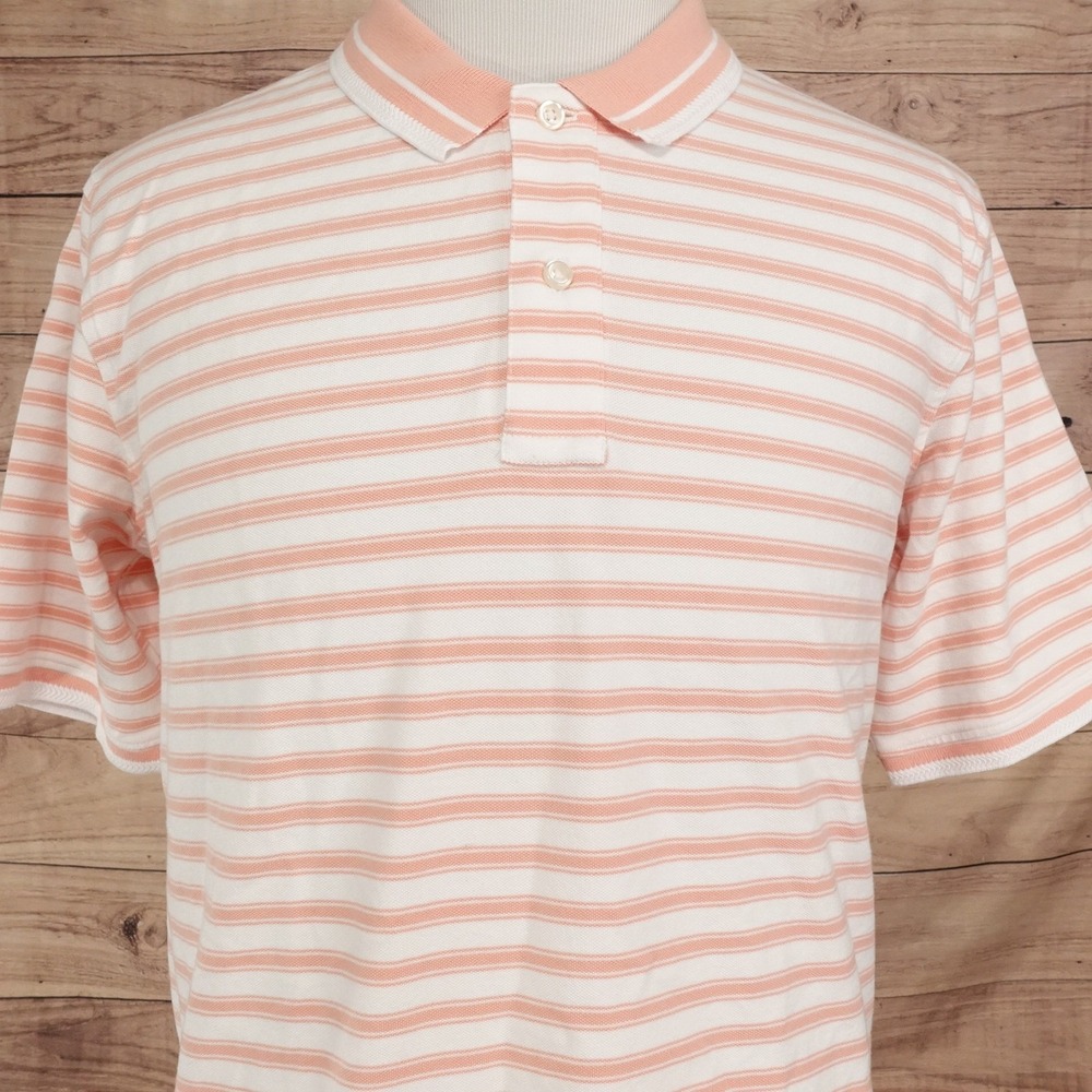 Lands' End Polo Shirt Mens LT Pink Striped Cotton Spandex Knit Tagless Casual